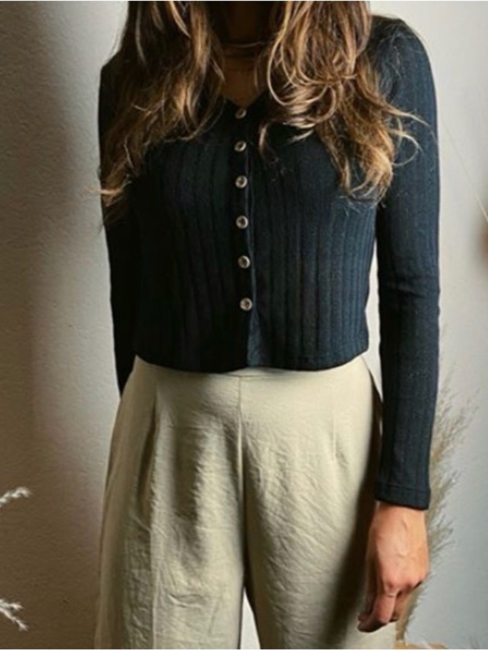 Final Touch Black Ribbed Button-Front Cardigan
